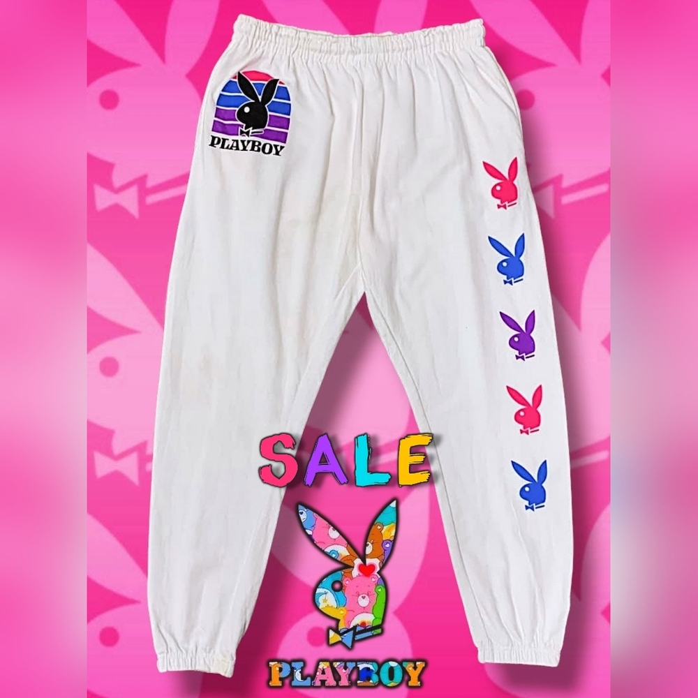 Playboy Vintage 2021 Joggers w/ Pink & Purple Bunny Print in White Size 3XL